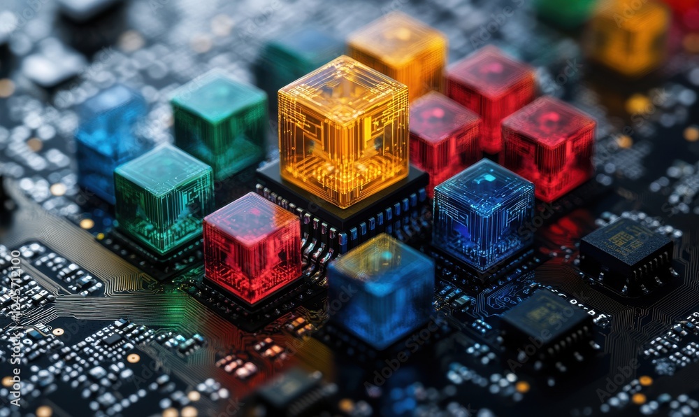 Poster abstract close-up of colorful microchips on a circuit board showcasing vibrant neon patterns and int