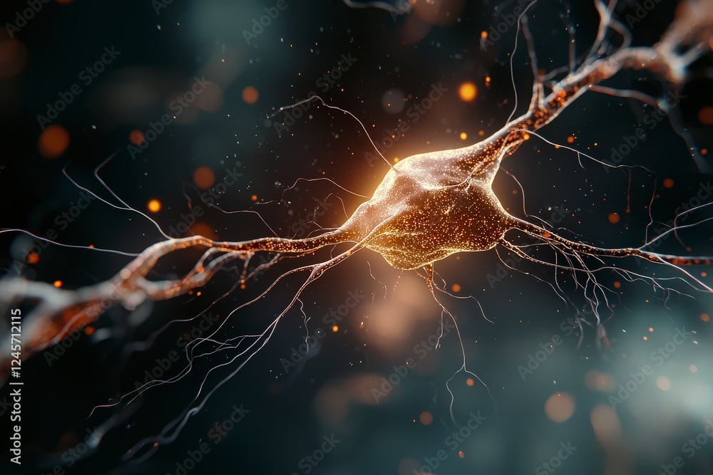 Poster intricate neuron network with glowing synapse in a dark background, illustrating neural activity and