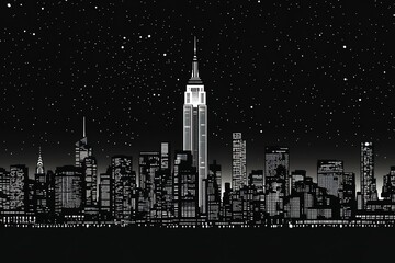 Majestic New York City Skyline at Night: A Striking Vector Illustration of the Iconic Cityscape Against a Deep Black Background, Perfect for Modern Designs, Websites, Presentations, and Branding      