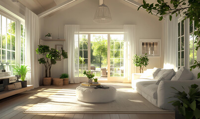 Fototapeta premium Tranquil Farmhouse with a Front Porch and Green Pots for a Peaceful Rural Retreat
