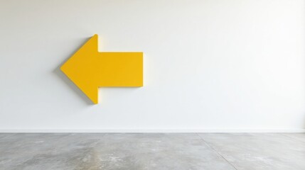 A vibrant yellow arrow points left, mounted on a stark white wall above a polished concrete floor, suggesting direction and minimalist design choices.