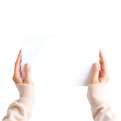 Female Hands Holding Blank White Paper Isolated on Transparent Background – Empty Card, Copy Space, Mockup, Advertising Template, Business, and Presentation Concept