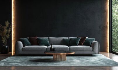 Modern Living Room Design with Gray Sofa and Colorful Cushions in Minimalist Decor and Ambient Lighting