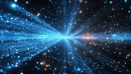 Fototapeta premium Abstract Cosmic Background with Nebula and Light Beams in Deep Space Filled with Bright Stars and Glittering Particles in Blue and Orange Tones