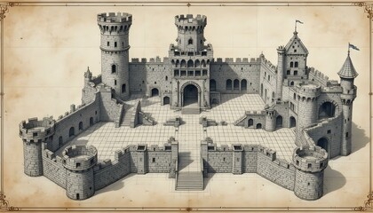 Medieval Castle Fortress Architectural Drawing Blueprint