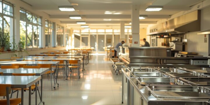 Modern school cafeteria with clean metal counters, empty tables, and chairs in bright natural light, featuring a staff member preparing meals in the background