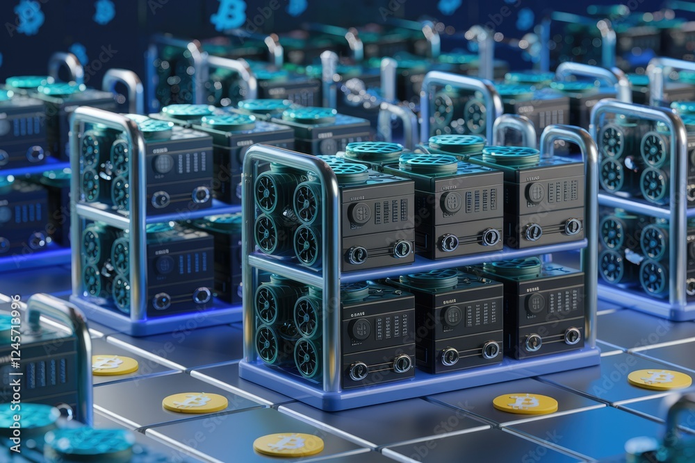 Leinwandbilder rows of bitcoin mining rigs with cooling fans, a visualization of cryptocurrency mining.