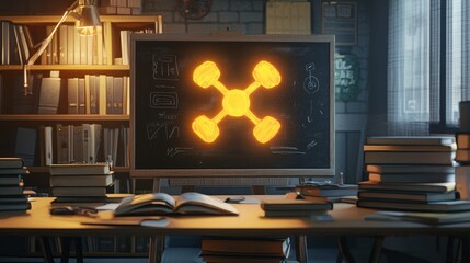 On a retro classroom chalkboard, a glowing radioactive symbol stands out among dusty erasers and worn textbooks, bringing to mind a bygone era of nuclear education