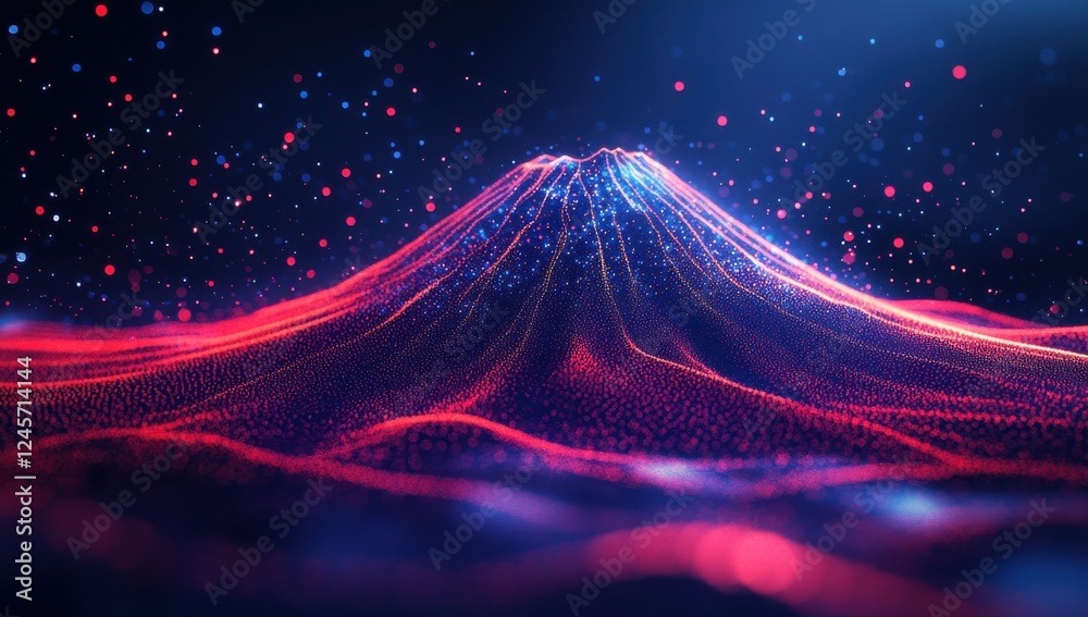 Poster abstract digital art representation of a volcano with colorful waves of light and particles against 