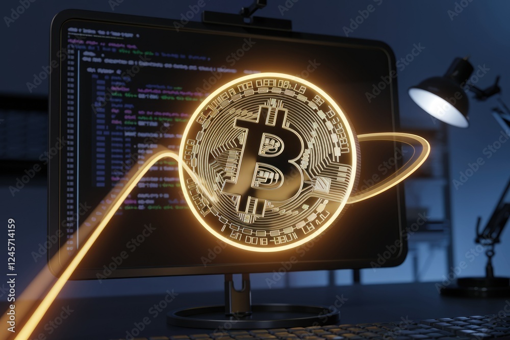 Aufkleber Glowing Bitcoin symbol orbits a computer screen displaying code, symbolizing cryptocurrency's digital nature and programming.