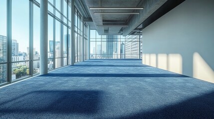 Modern open space office interior with large windows overlooking the city, featuring a blank wall for mockup, blue carpet, and contemporary furniture. Concept of coworking space.