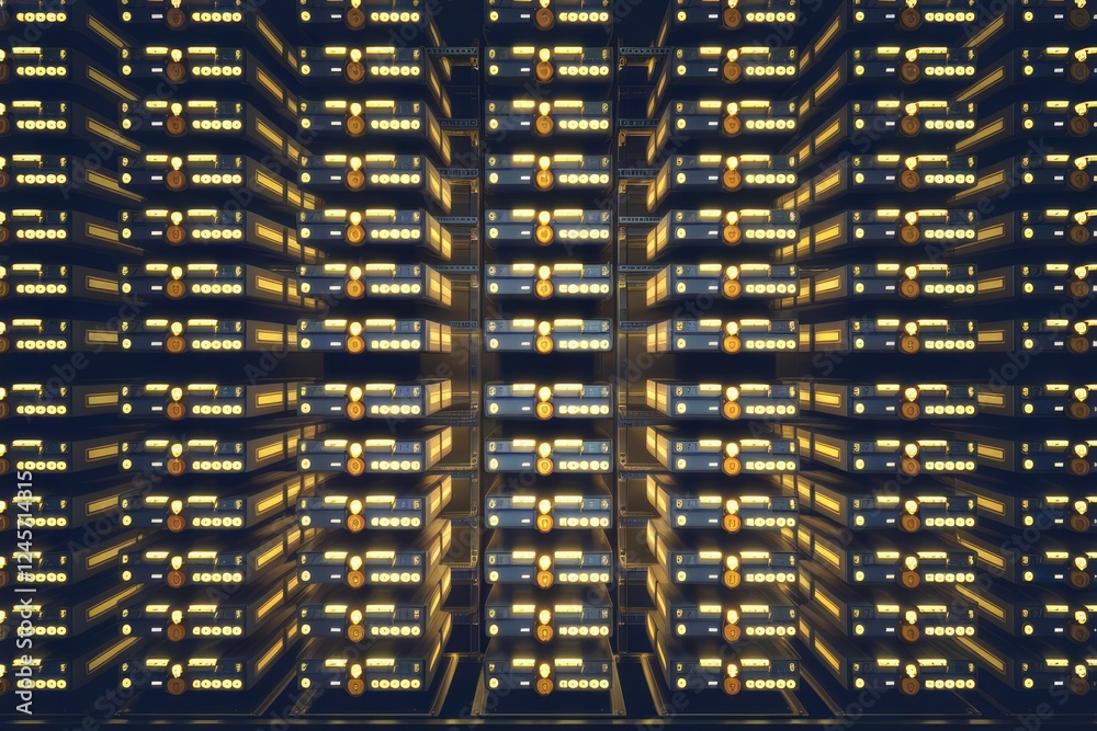Poster A vast server room filled with numerous interconnected data storage units, glowing softly.