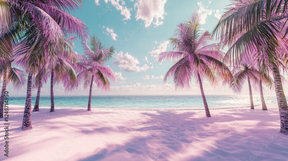 Poster relax in a serene tropical paradise where soft pink hues cast over tranquil waters. lush palm trees 