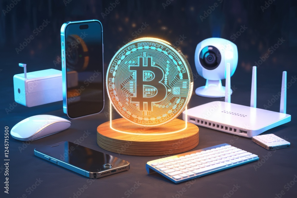 Poster bitcoin cryptocurrency displayed with modern tech devices like smartphones, wireless router, and key