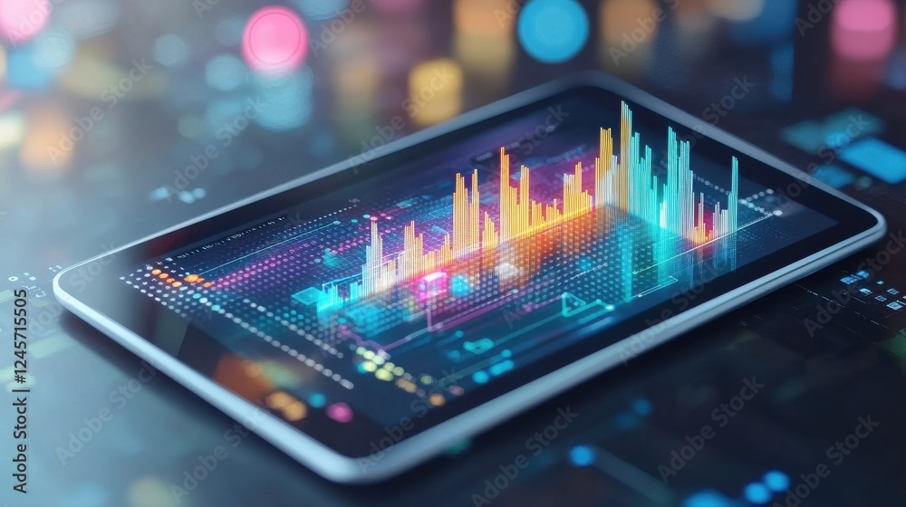 Wall mural vibrant data visualization on digital tablet with colorful chart