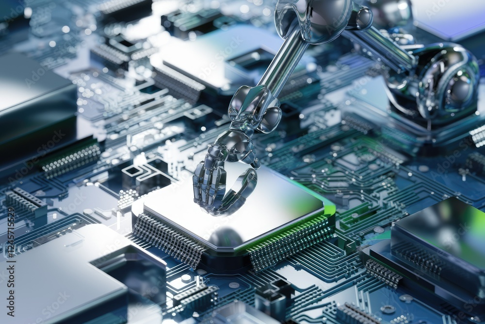 Poster A robotic arm delicately places a CPU on a circuit board, symbolizing technological advancement and automation.