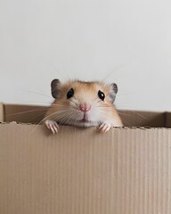 Fototapeta premium A curious hamster peeking over the edge of a cardboard box, set against a neutral background