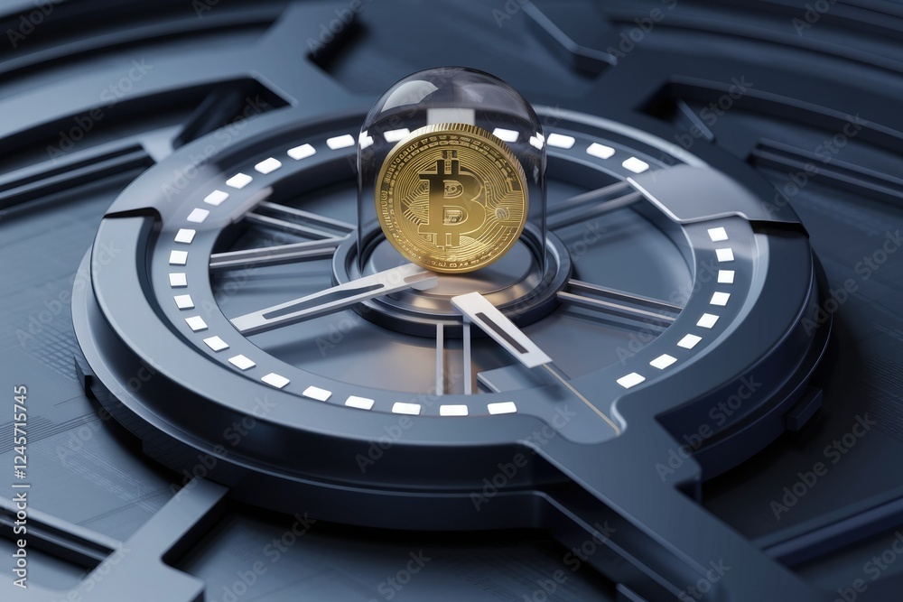 Poster bitcoin secured within a futuristic clock mechanism, symbolizing time, security, and cryptocurrency.