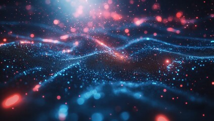Abstract digital landscape with glowing particles in blue and red colors, vivid light effects creating mesmerizing depth and dynamic motion in a virtual space