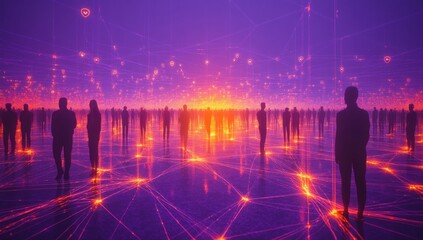 Abstract digital landscape with silhouettes of people standing amidst glowing connections and vibrant colors representing technology and networking innovations