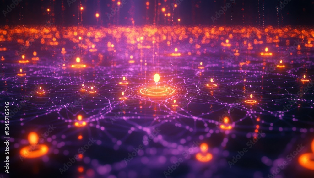 Poster abstract digital network with glowing nodes in purple and orange tones representing interconnected d