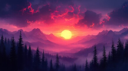 Vibrant sunset over misty mountain forest  
