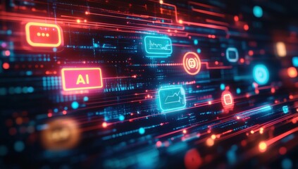 Obraz premium Abstract digital technology background with glowing icons and data streams representing artificial intelligence, big data, and connectivity in vibrant colors