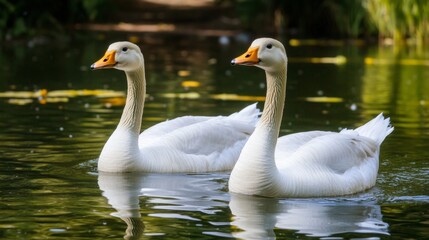 Obraz premium Two Beautiful White Geese in a Pond
