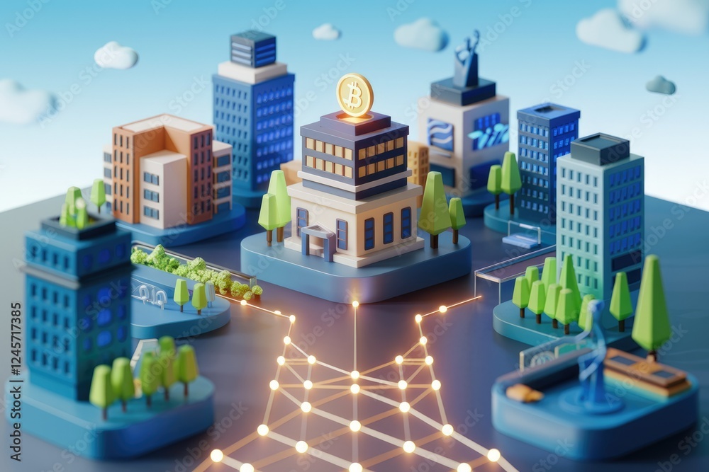 Poster Bitcoin-centered city model showcasing cryptocurrency's integration into urban infrastructure and financial systems.
