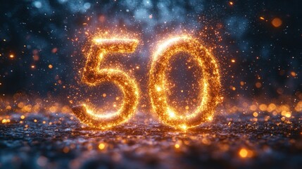 50th Anniversary Celebration Fireworks Typography Design with Sparkling Particles in Night Sky