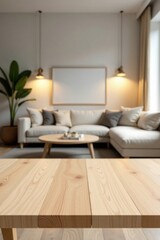 Fototapeta premium Light wooden table in a modern living room with a blurred background of a comfy sofa and warm lighting