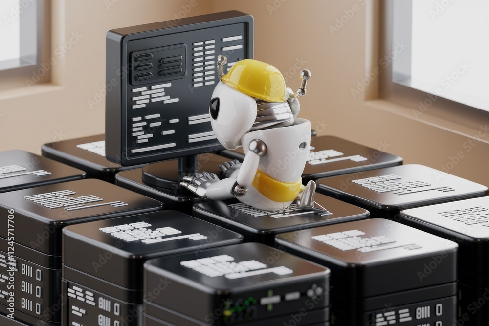Poster a cute robot diligently works on a computer, surrounded by data storage units.