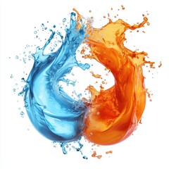 Electric blue and fiery orange fluid collision resembling fire and ice, isolated on white
