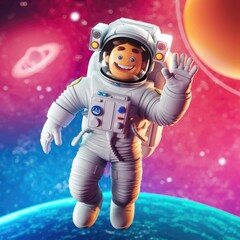 Fototapeta premium A cheerful cartoon astronaut floats in space, waving amidst planets and stars.