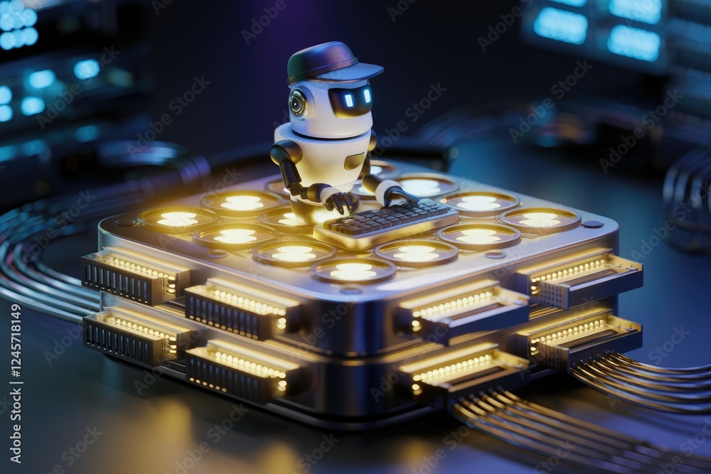 Poster a cute robot diligently works on a complex server, showcasing advanced technology and automation.