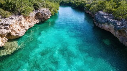Naklejka premium A stunning view of a serene blue waterway winding its way through lush greenery, creating a perfect balance of tranquility and beauty in the natural landscape.