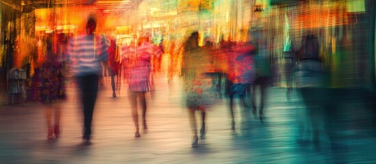 Blurred street scene depicting a colorful urban atmosphere with people in various positions, featuring vibrant orange, blue, and green hues.