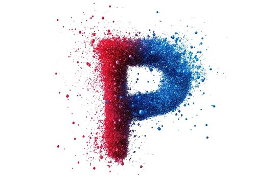 Abstract Particle Art: Red and Blue Dynamic P Molecular Structure Design. Perfect for science, technology, medical, or futuristic concepts. Ideal for backgrounds, banners, websites, and            