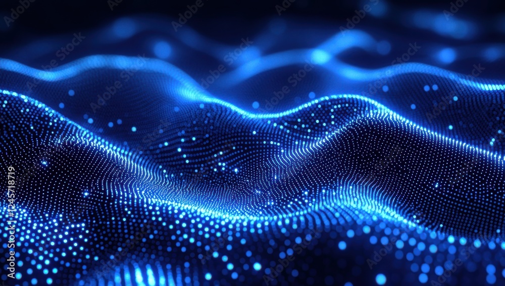 Poster abstract glowing blue wave patterns with sparkling particles creating a mesmerizing digital landscap