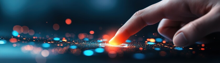 Fingertip touching digital interface.
