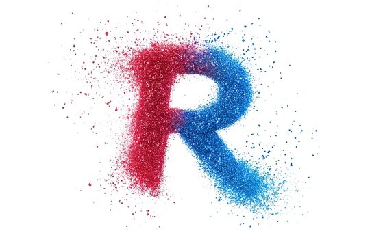 Abstract Red and Blue Particle R Design: A vibrant, dynamic visual representation of the chemical formula, formed by swirling red and blue particles. Ideal for science, technology, and               