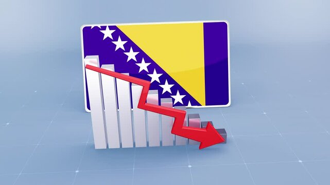 Bosnia and Herzegovina country flag and bar chart graph showing decreasing values a red arrow economic crisis concept. Flag of Bosnia and Herzegovina