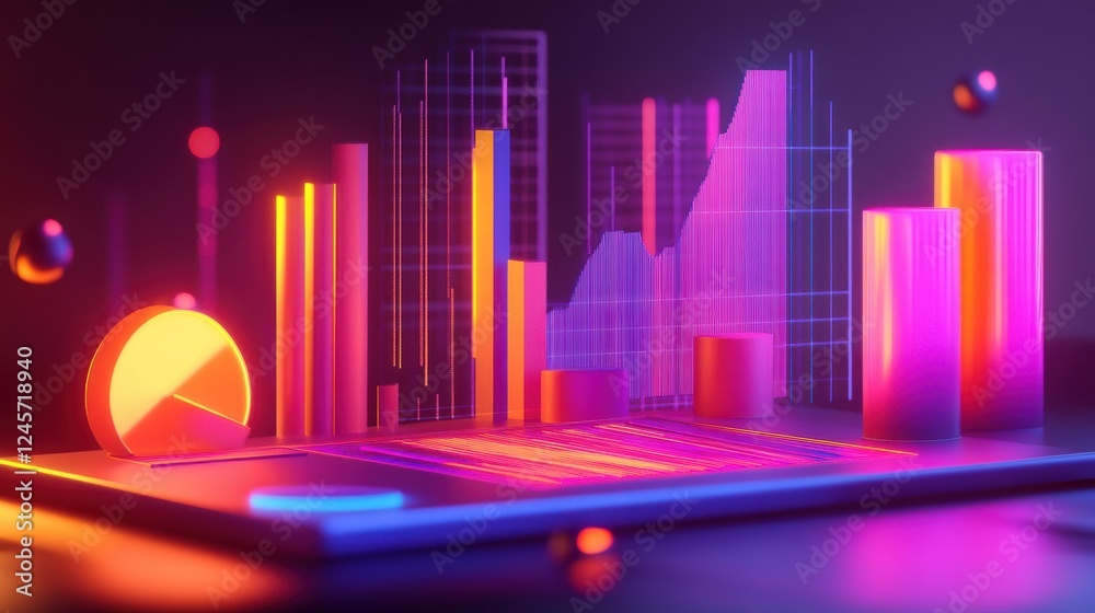 Poster neon visualization of data charts with graphs and 3d elements