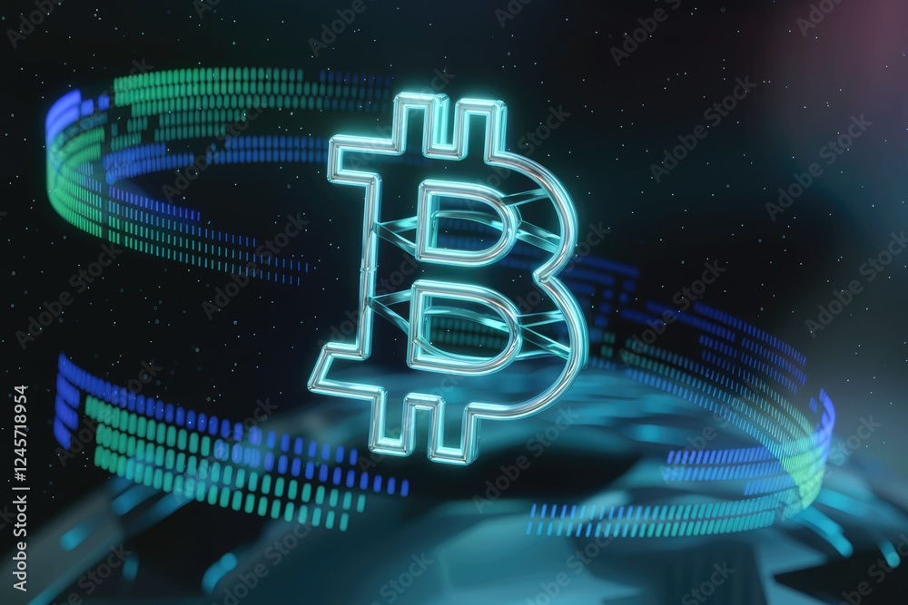 Leinwandbilder glowing bitcoin symbol in a digital space, representing cryptocurrency and blockchain technology.