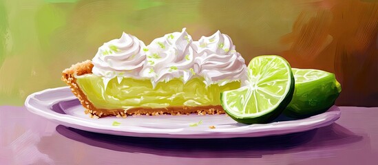Key Lime Pie on a white plate garnish with whipped cream and lime slices vibrant green filling with a golden crust set against a soft background