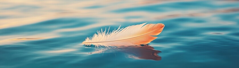Floating feather on blue water.
