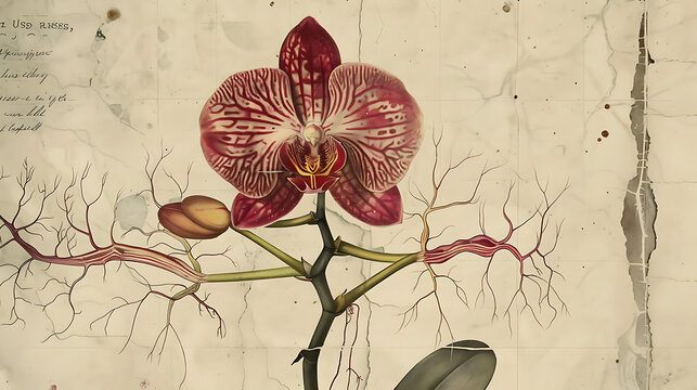 A botanical illustration of a dissected orchid