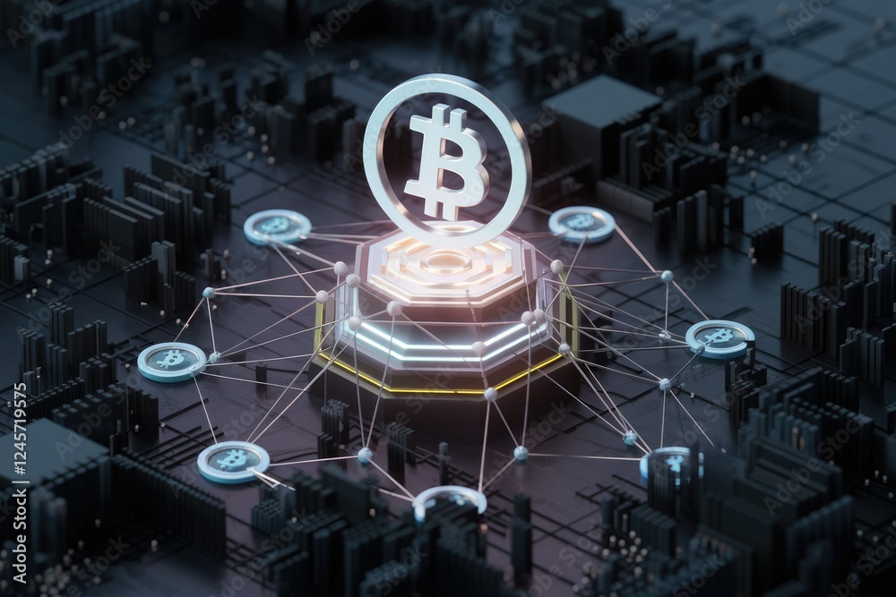 Leinwandbilder Bitcoin network visualized as a central node connected to smaller nodes representing transactions on a circuit board.