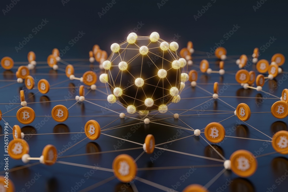 Poster Bitcoin network visualization: interconnected nodes represent transactions and the decentralized nature of cryptocurrency.