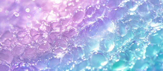 Colorful iridescent bubbles in soft purple and aqua tones create a dreamy background with a blurred gradient effect highlighting the bubble textures.